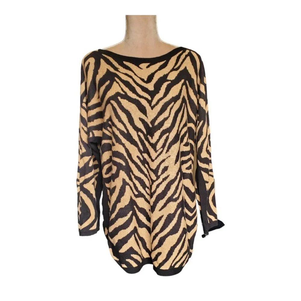CAbi Dani Pullover #3884 Brown Black Zebra Dazzle Stripe Size M EUC